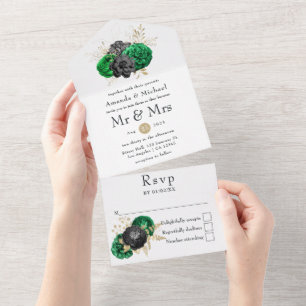 Dunkle Emerald- und Goldblumenhochzeit All In One Einladung