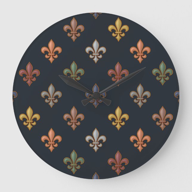 Dunkle Erde Waldlandschaft Fleur-de-lis Design  Große Wanduhr (Vorderseite)