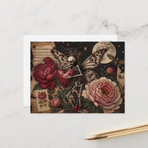Dunkle Fantasy Fee Skelett und Pfingstrosen Blumen Postkarte