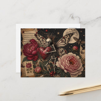 Dunkle Fantasy Fee Skelett und Pfingstrosen Blumen Postkarte