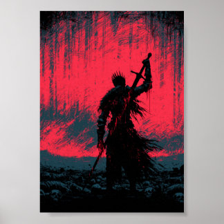 Dunkle Fantasy Gepanzerter Ritter auf einem Schlac Poster