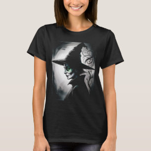 Dunkle Fantasy Hexenporträt Silber Grüne Augen Got T-Shirt