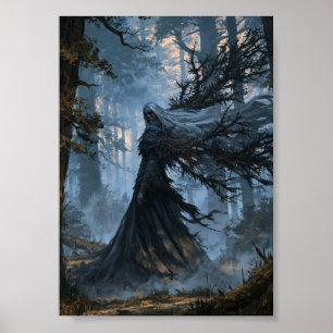 Dunkle Fantasy-Waldhexe mit fließendem weißen Haar Poster