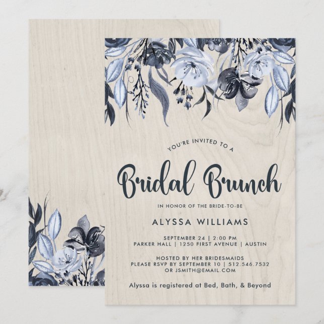 Dunkle Flora und weißes Holz | Bridal Brunch Einladung (Vorne/Hinten)