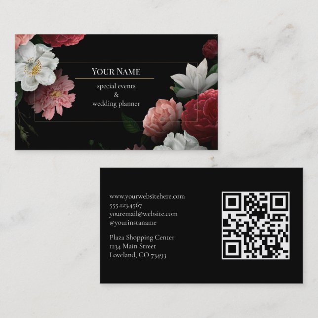 Dunkle Floral-Veranstaltungshochzeitsplanerin Visitenkarte (Vorne/Hinten)