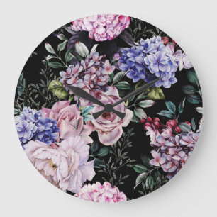 Dunkle Floral Wasserfarbe Nahtloses Design Große Wanduhr