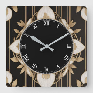 Dunkle florale Art Deco Uhr in Schwarz-weiß und Go