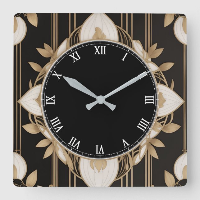 Dunkle florale Art Deco Uhr in Schwarz-weiß und Go (Vorderseite)