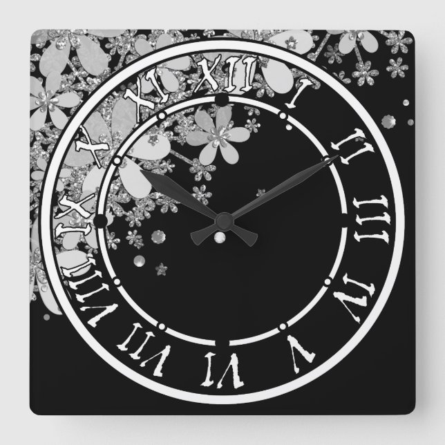 Dunkle florale Blume Glitzer silberfarben Quadratische Wanduhr (Vorderseite)