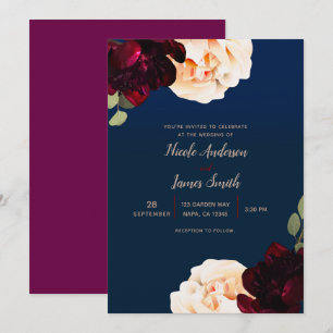 Dunkle Florale Marsala-Creme- und Marineblaue Hoch Einladung