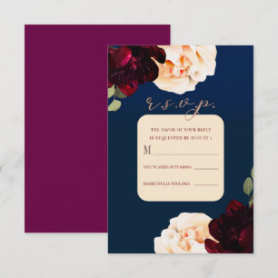 Dunkle Florale Marsala-Creme und Navy-Antwort R.S. Einladung