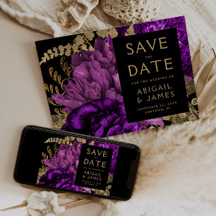 Dunkle Florale Purpur Goldene Hochzeit - Termin vo Einladung