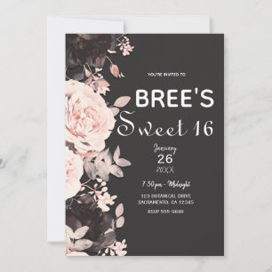 Dunkle florale Röte Rosa Holzkohlegrau Sweet 16 Einladung
