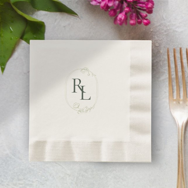 Dunkle Forest Green Ecru Floral Monogram Wedding Serviette (Von Creator hochgeladen)