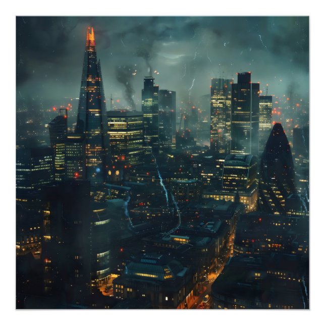 Dunkle Futuristische Stormy City Fotodruck (Vorne)