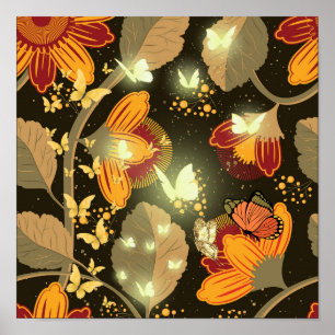 Dunkle Gartenblumen und hellen Schmetterlinge Poster