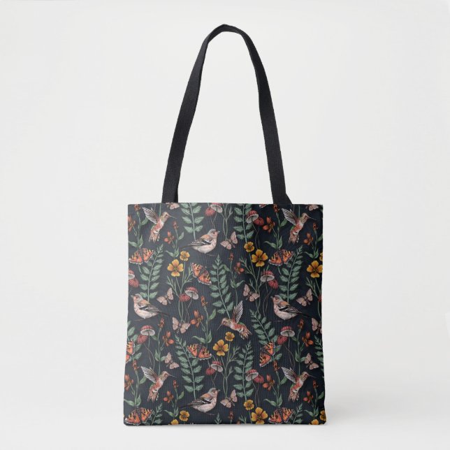 Dunkle Gartenvögel und Schmetterlinge Tasche (Vorderseite)