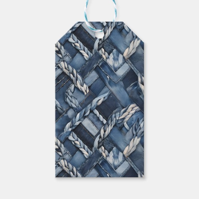 Dunkle gestörte Denim Patchwork und Braids Geschenkanhänger (Vorderseite)