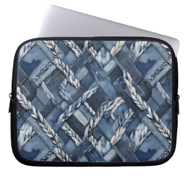 Dunkle gestörte Denim Patchwork und Braids Laptopschutzhülle (Vorderseite)