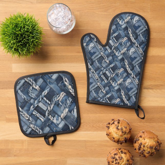 Dunkle gestörte Denim Patchwork und Braids Ofenhandschuh & Topflappen-Set (Oben Unten)