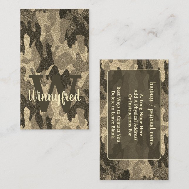 Dunkle Gold Glitzer Camouflage Monogram Outdoorsy Visitenkarte (Vorne/Hinten)