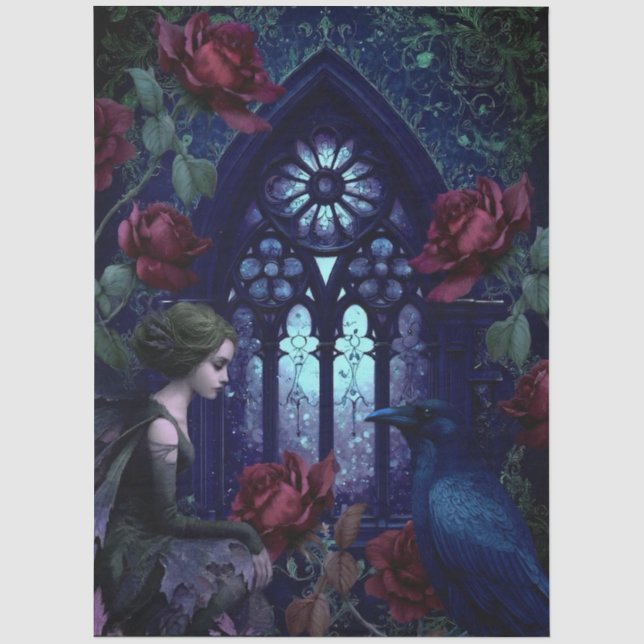 Dunkle Gothic-Fee rote Rosen Rabe Fantasy Seidenpapier (Vorderseite)