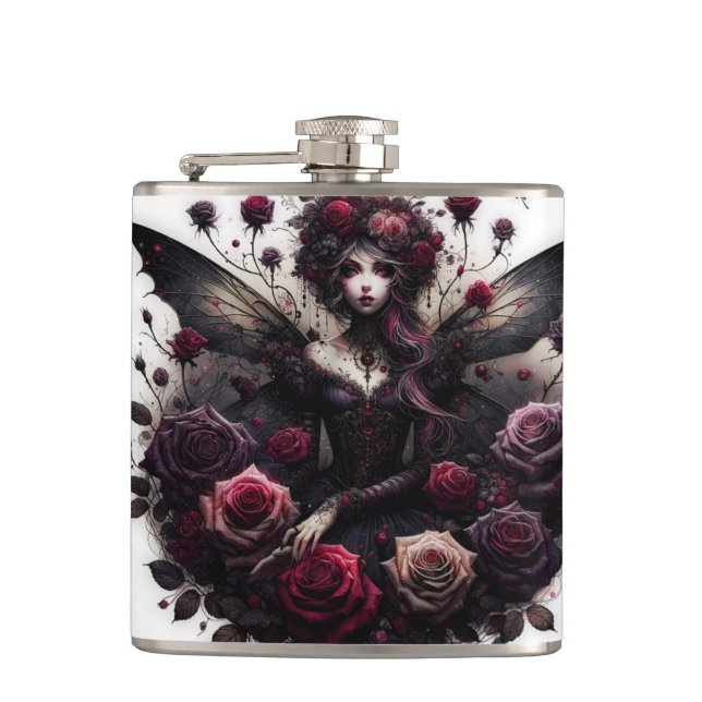 Dunkle Gothic Forest Fairy Floral Rose Burgund Flachmann (Vorderseite)