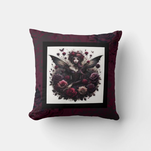 Dunkle Gothic Forest Fairy Floral Rose Burgund Kissen (Vorderseite)