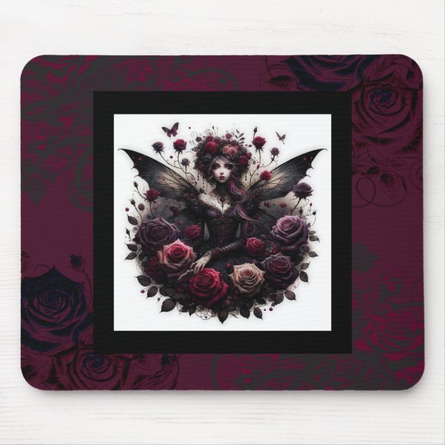 Dunkle Gothic Forest Fairy Floral Rose Burgund Mousepad (Vorne)