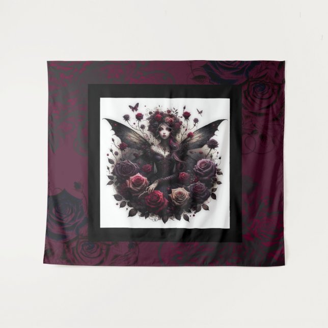 Dunkle Gothic Forest Fairy Floral Rose Burgund Wandteppich (Vorderseite (Horizontal))