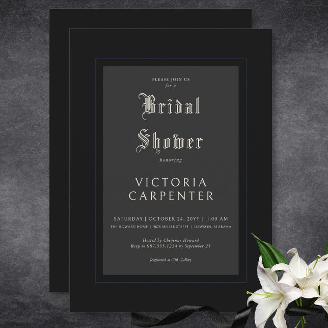 Dunkle Gothic Minimal Black & Blue Brautparty Einladung (Dark Gothic Minimal Black & Blue Bridal Shower Invitation)