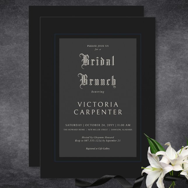 Dunkle Gothic Minimal Black & Blue Bridal Brunch Einladung (Dark Gothic Minimal Black & Blue Bridal Brunch Invitation)