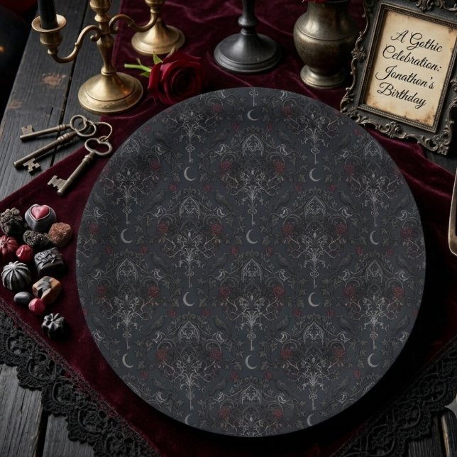 Dunkle gothic Onyx Barock-Rabe Pappteller (Dark gothic raven pattern paper plate for birthday celebrations and dark academia parties.)