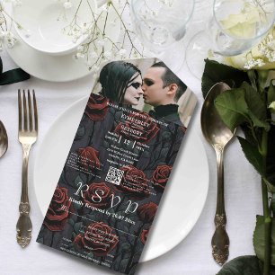 Dunkle Gothic-Rote Schwarze Rose Florale QR-Code-F All In One Einladung
