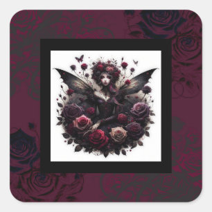 Dunkle gothische Waldfee Blumen Rosen Burgunderrot Quadratischer Aufkleber