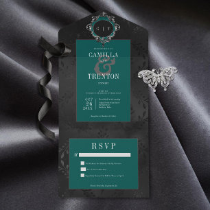 Dunkle gotische schwarze und teale Floralsatin Kei All In One Einladung