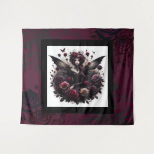 Dunkle gotische Waldfee Blumen Rosen Burgunderrot Wandteppich