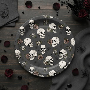 Dunkle graue Gothic-Skulle und Rose Halloween Pappteller