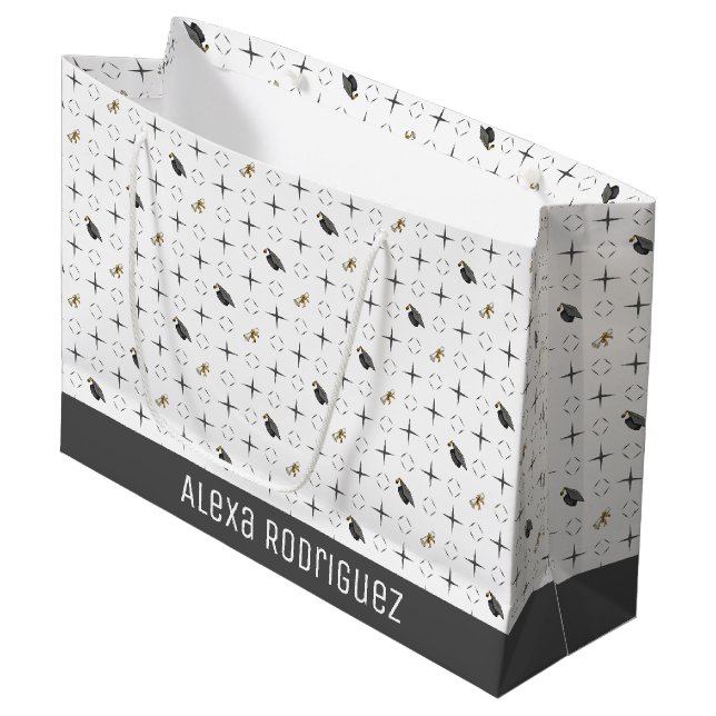 Dunkle Gray Graduation Caps und Diplommuster Große Geschenktüte (Vorderseite Schrägansicht)