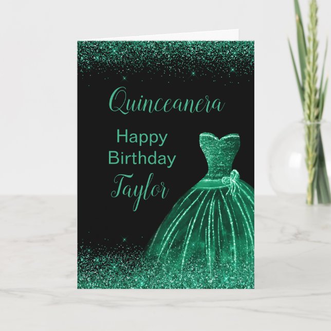 Dunkle grüne Kleidung Imitate Glitzer Quinceanera Karte (Vorderseite)