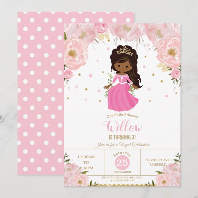 Dunkle Haut Afrikanische Prinzessin Rosa Blume Geb Einladung (Vorne/Hinten)