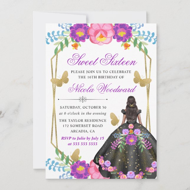 Dunkle Haut Frau mexikanische Blumenbekleidung Süß Einladung (Vorderseite)