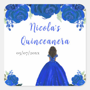 Dunkle Haut Prinzessin Blaue Florale Quinceanera Quadratischer Aufkleber