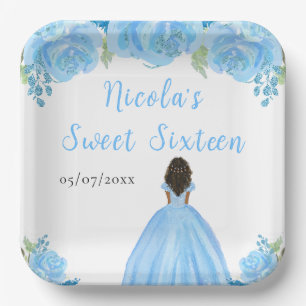 Dunkle Haut Prinzessin Blaue Florale Sweet Sixteen Pappteller