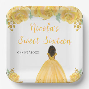 Dunkle Haut Prinzessin Gold Blumen Sweet Sixteen Pappteller