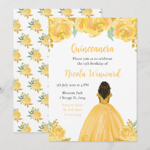 Dunkle Haut Prinzessin Gold Floral Quinceanera Einladung