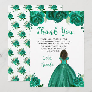 Dunkle Haut Prinzessin Grüne Florale Sweet Sixteen Dankeskarte