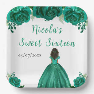 Dunkle Haut Prinzessin Grüne Florale Sweet Sixteen Pappteller
