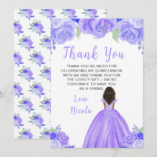 Dunkle Haut Prinzessin Lila Blumen Quinceanera Dankeskarte