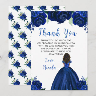 Dunkle Haut Prinzessin Navy Floral Quinceanera Dankeskarte
